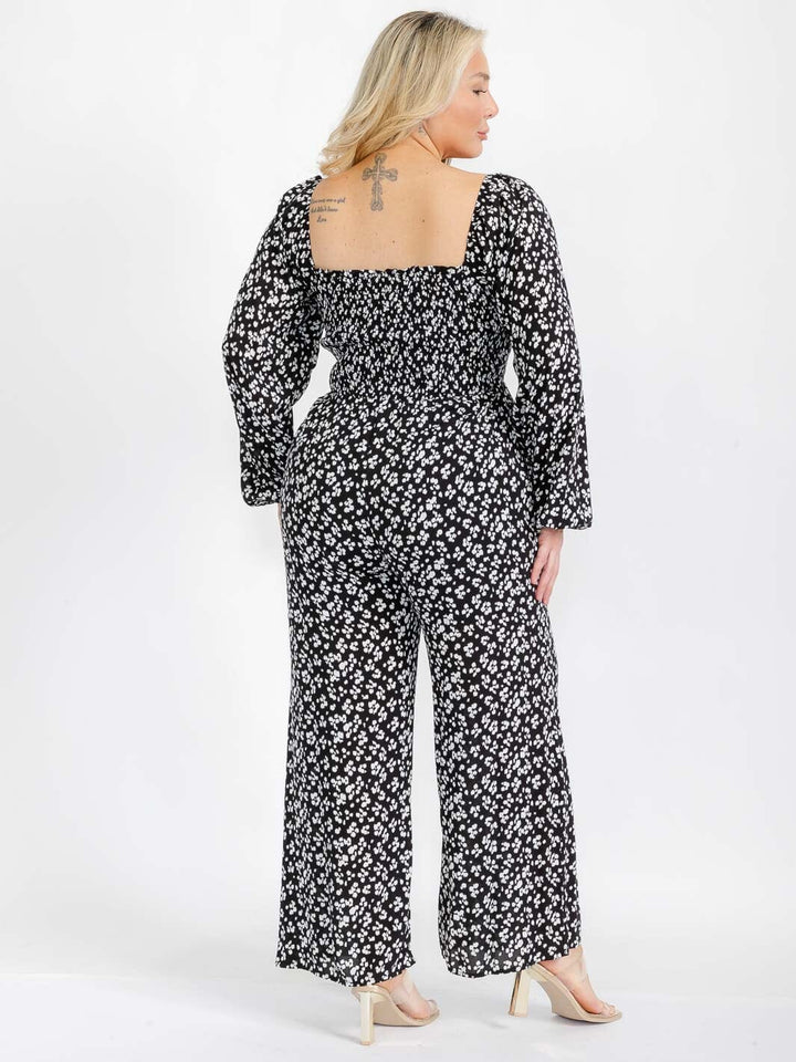 PLUS SIZE LONG SLEEVE SQUARE NECK SMOCK ANIMAL PRINT JUMPSUIT