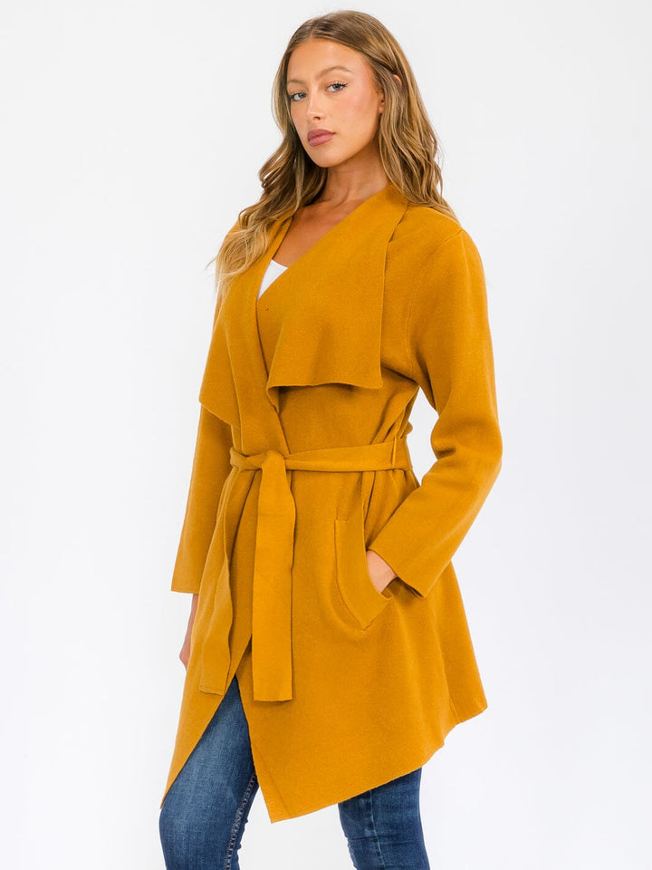 WOMEN'S LONG SLEEVE OPEN FRONT POCKETS SELF TIE COAT