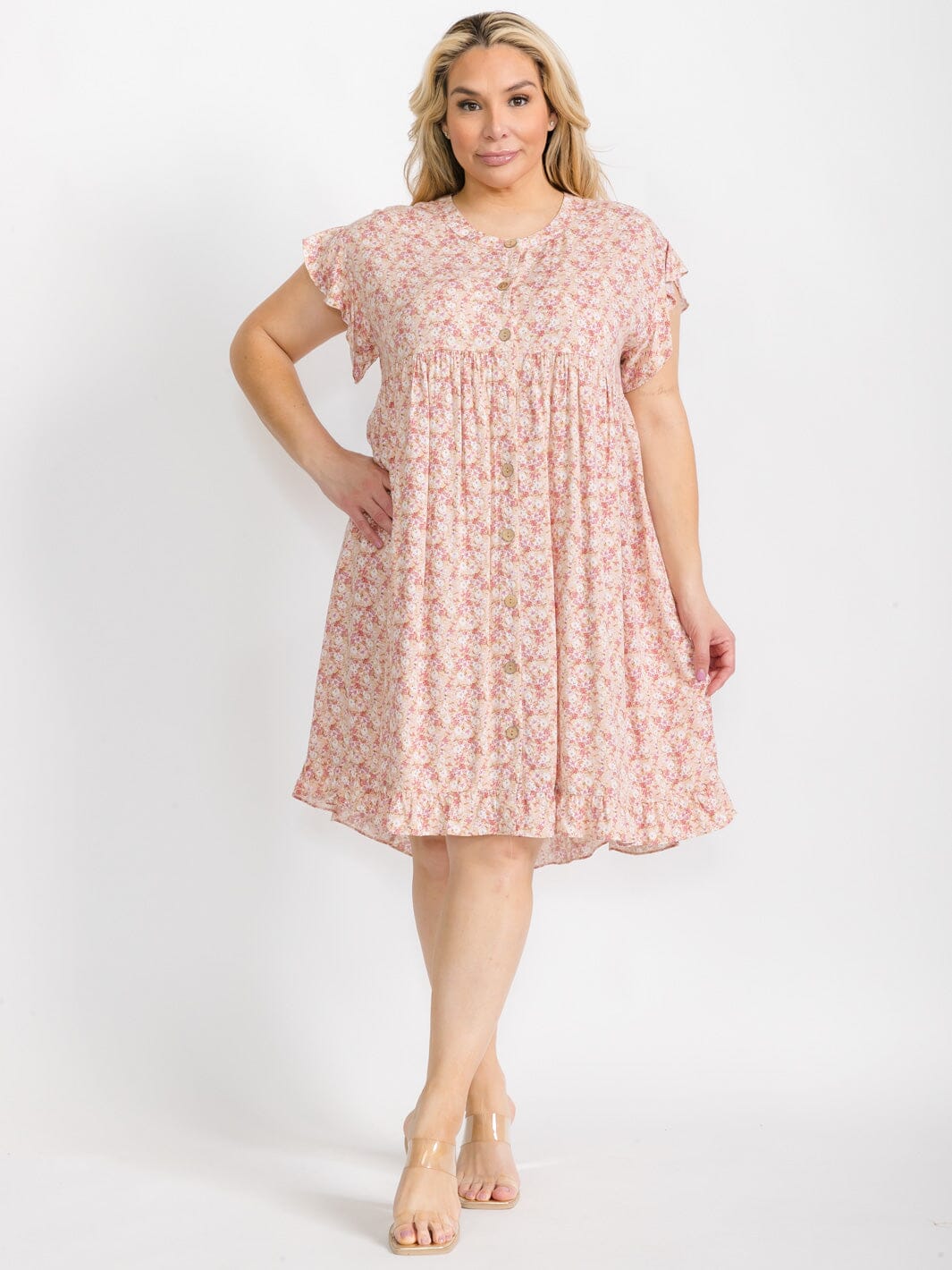 PLUS SIZE SHORT SLEEVE BUTTON CLOSURE FLORAL TUNIC MIDI DRESS