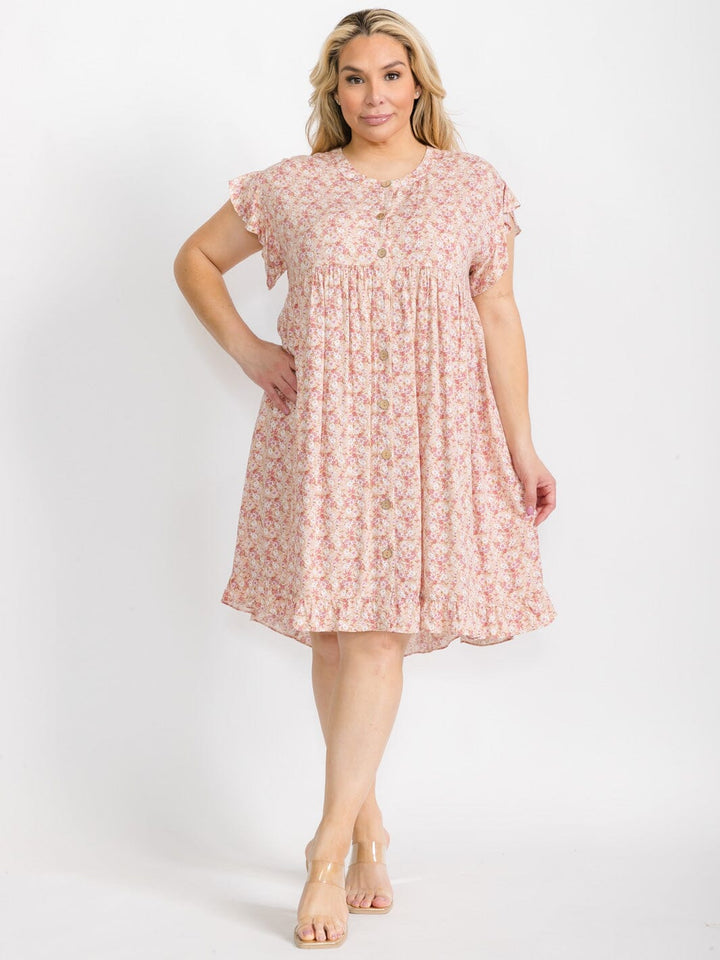 PLUS SIZE SHORT SLEEVE BUTTON CLOSURE FLORAL TUNIC MIDI DRESS
