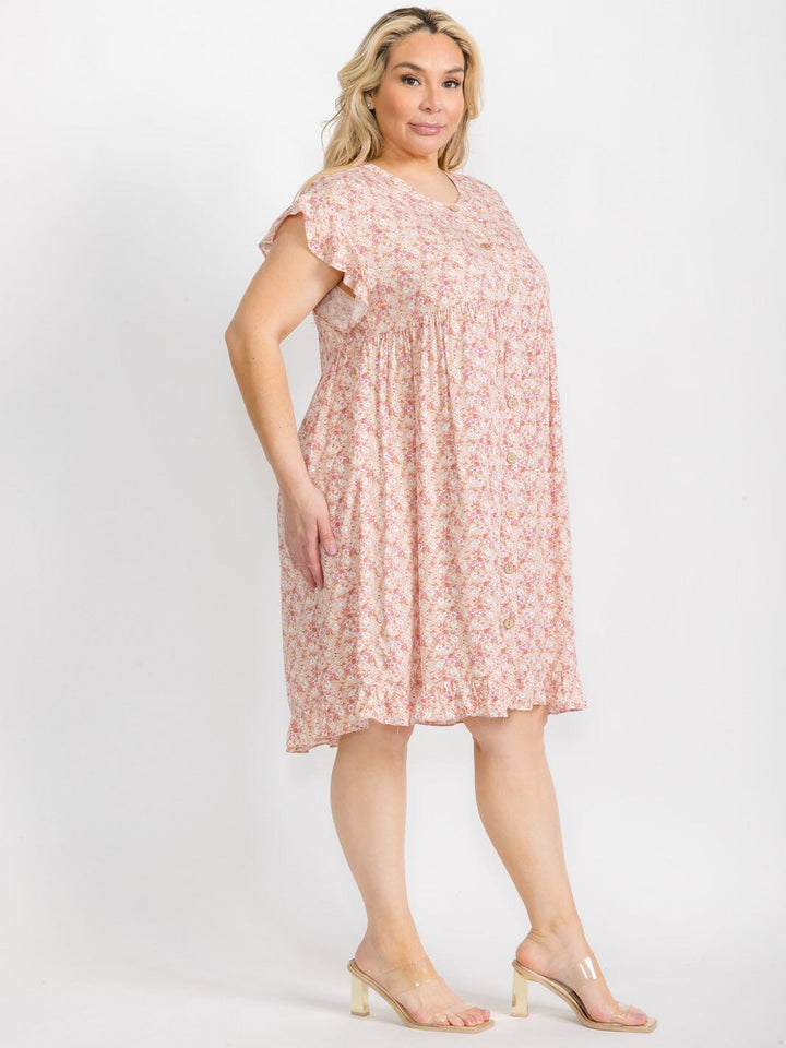 PLUS SIZE SHORT SLEEVE BUTTON CLOSURE FLORAL TUNIC MIDI DRESS