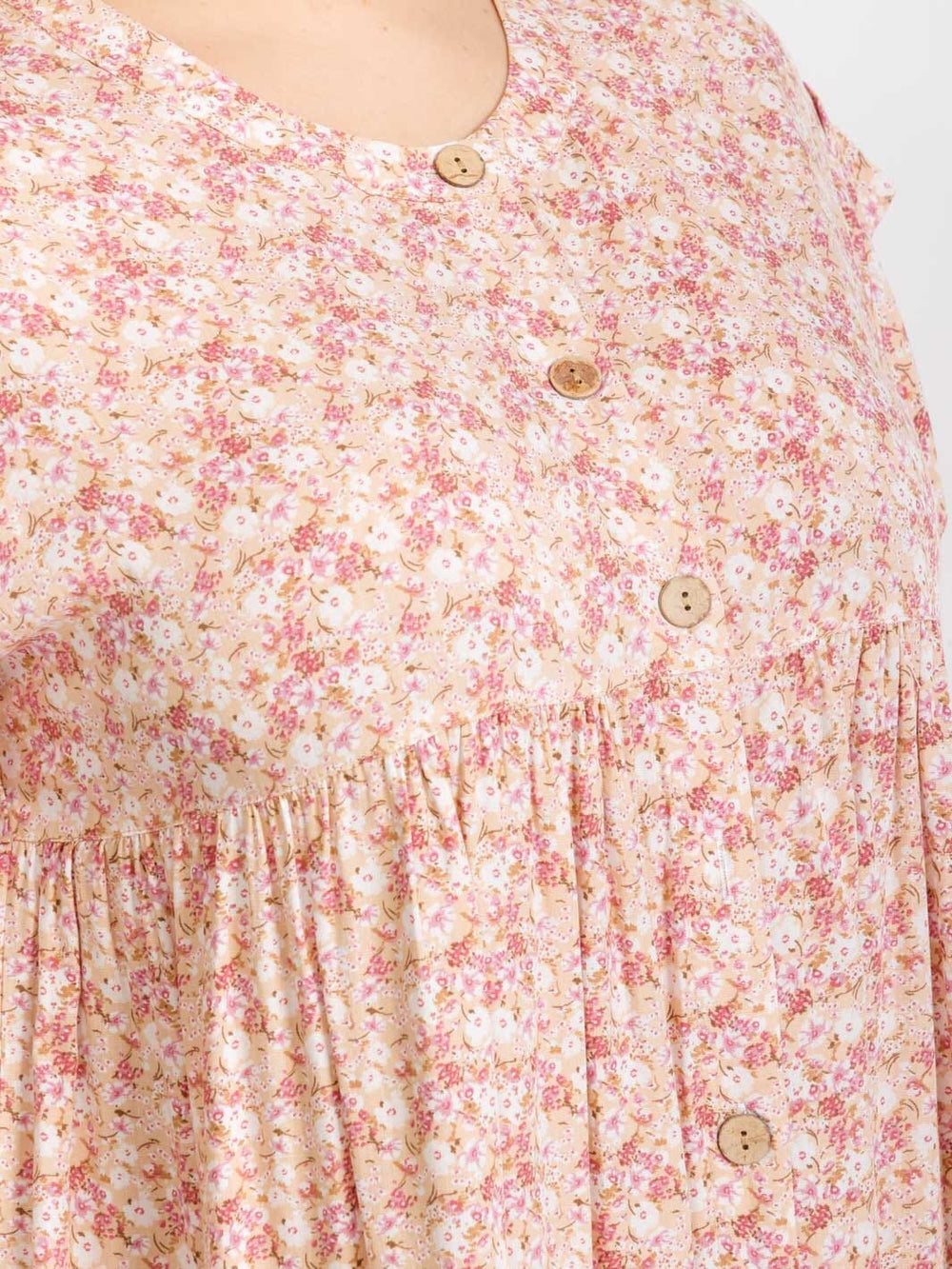 PLUS SIZE SHORT SLEEVE BUTTON CLOSURE FLORAL TUNIC MIDI DRESS