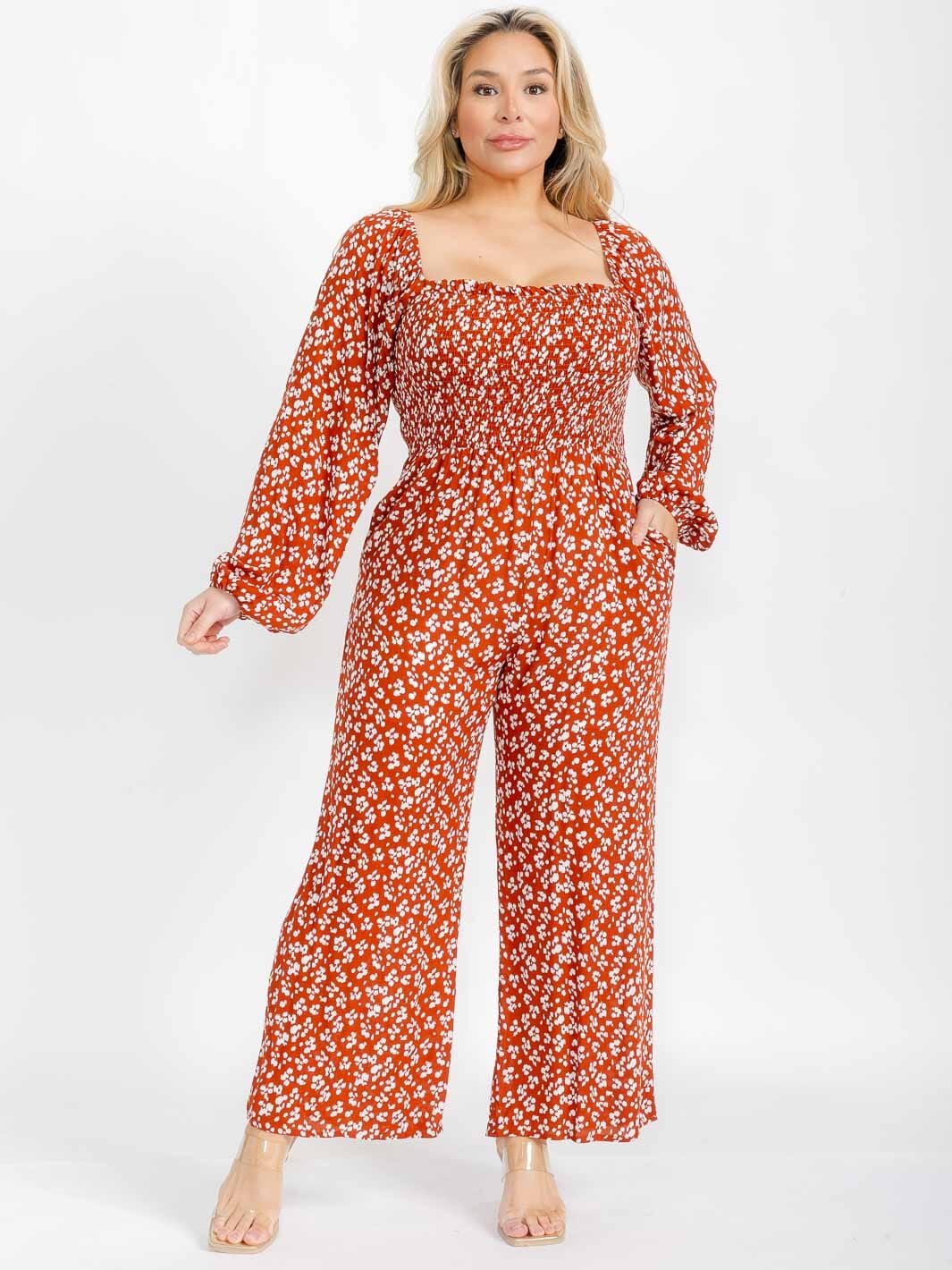 PLUS SIZE LONG SLEEVE SQUARE NECK SMOCK ANIMAL PRINT JUMPSUIT