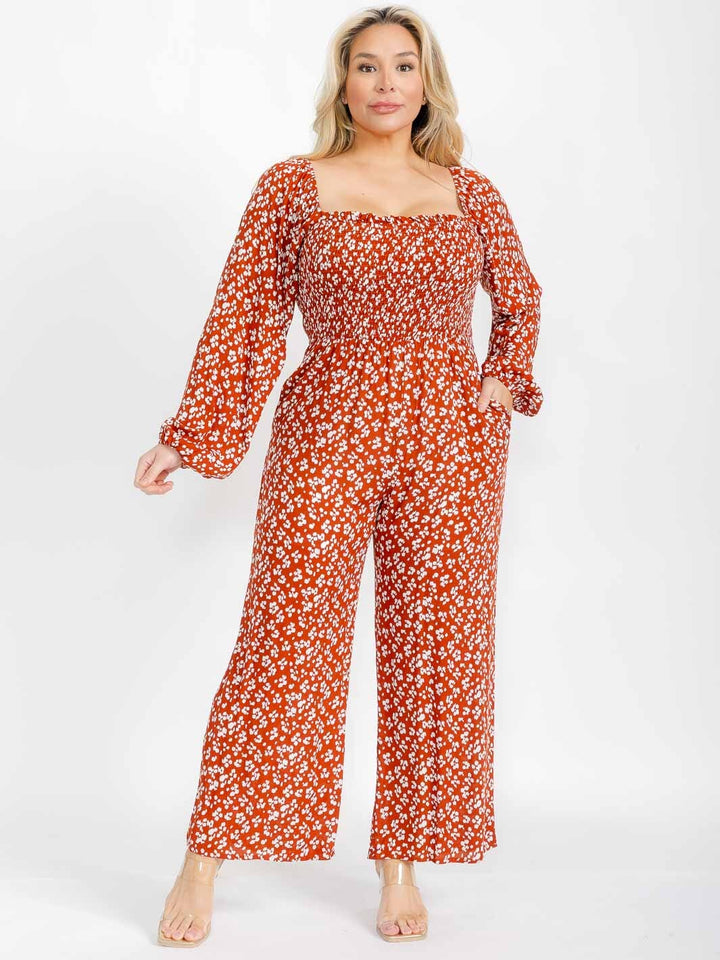 PLUS SIZE LONG SLEEVE SQUARE NECK SMOCK ANIMAL PRINT JUMPSUIT