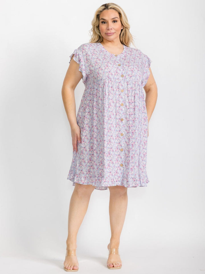 PLUS SIZE SHORT SLEEVE BUTTON CLOSURE FLORAL TUNIC MIDI DRESS