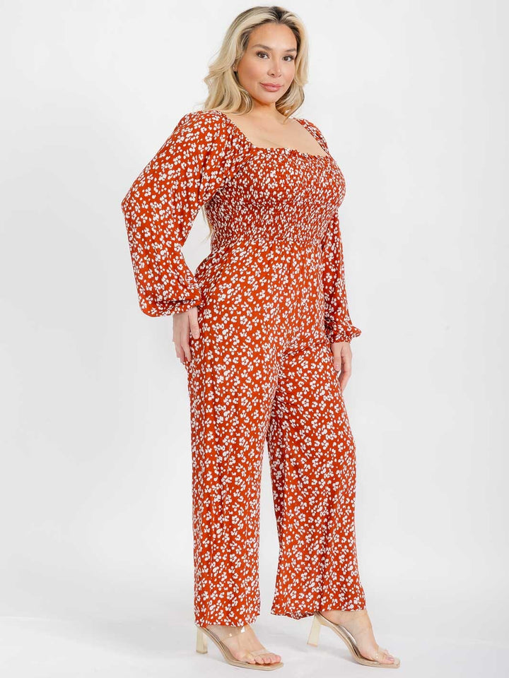 PLUS SIZE LONG SLEEVE SQUARE NECK SMOCK ANIMAL PRINT JUMPSUIT
