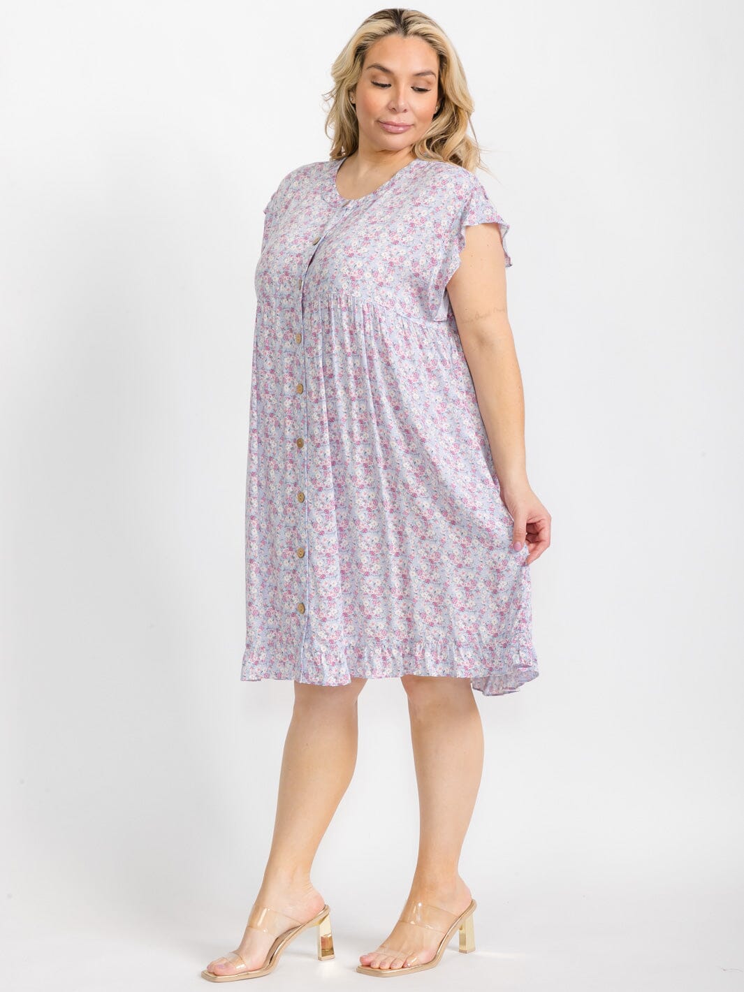 PLUS SIZE SHORT SLEEVE BUTTON CLOSURE FLORAL TUNIC MIDI DRESS