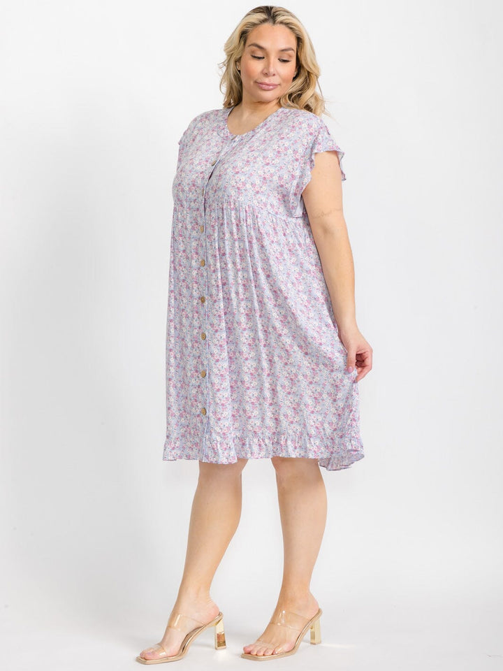 PLUS SIZE SHORT SLEEVE BUTTON CLOSURE FLORAL TUNIC MIDI DRESS