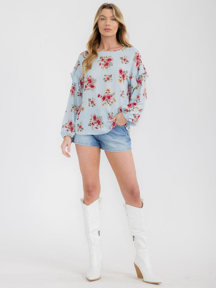 WOMEN'S LONG SLEEVE RUFFLE FLORAL TUNIC BLOUSE