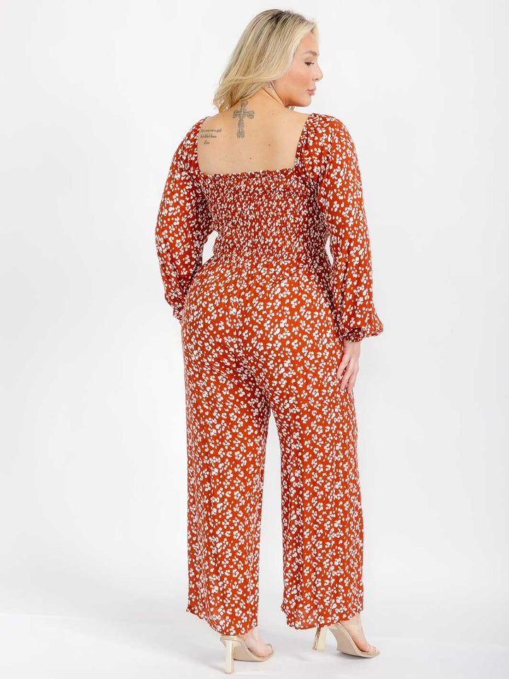 PLUS SIZE LONG SLEEVE SQUARE NECK SMOCK ANIMAL PRINT JUMPSUIT