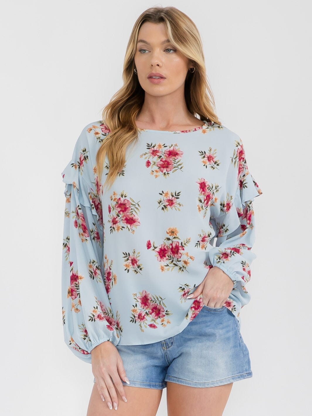 WOMEN'S LONG SLEEVE RUFFLE FLORAL TUNIC BLOUSE
