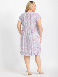PLUS SIZE SHORT SLEEVE BUTTON CLOSURE FLORAL TUNIC MIDI DRESS