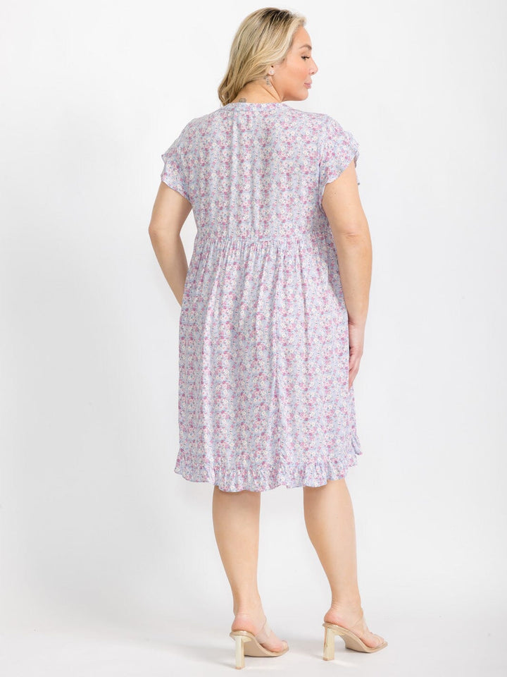 PLUS SIZE SHORT SLEEVE BUTTON CLOSURE FLORAL TUNIC MIDI DRESS