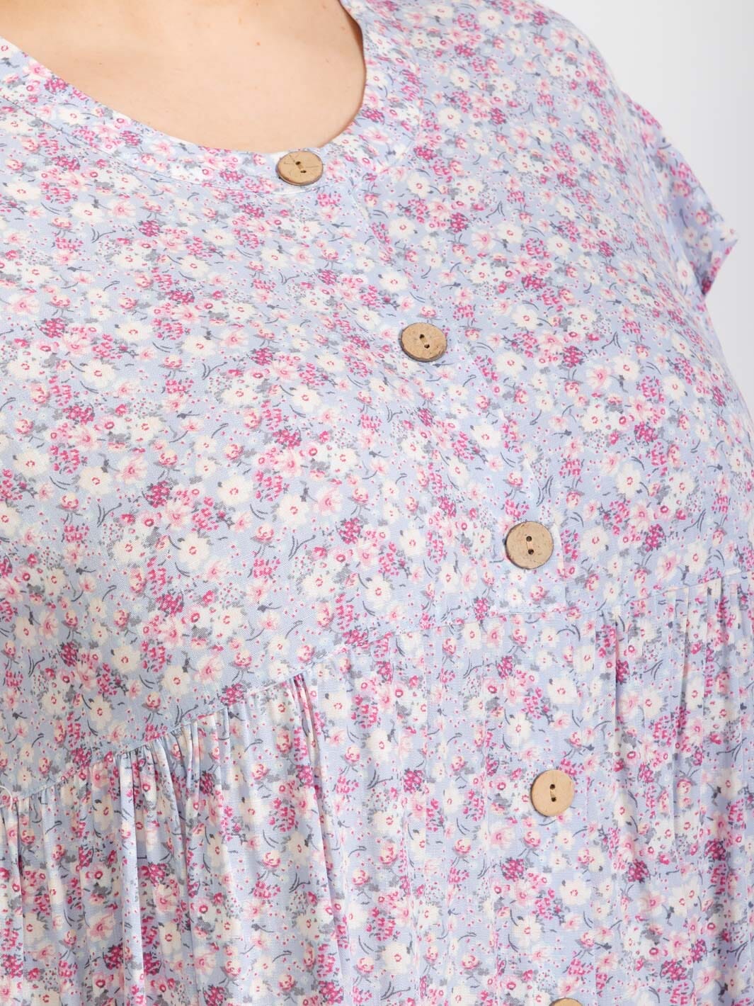 PLUS SIZE SHORT SLEEVE BUTTON CLOSURE FLORAL TUNIC MIDI DRESS