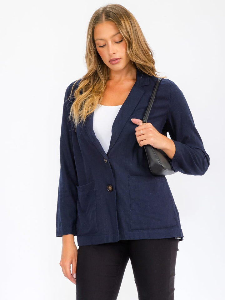 WOMEN'S LONG SLEEVE BUTTON CLOSURE POCKETS LINEN BLAZER