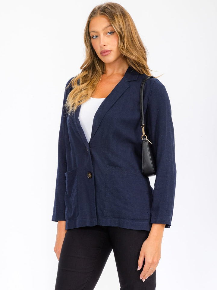 WOMEN'S LONG SLEEVE BUTTON CLOSURE POCKETS LINEN BLAZER