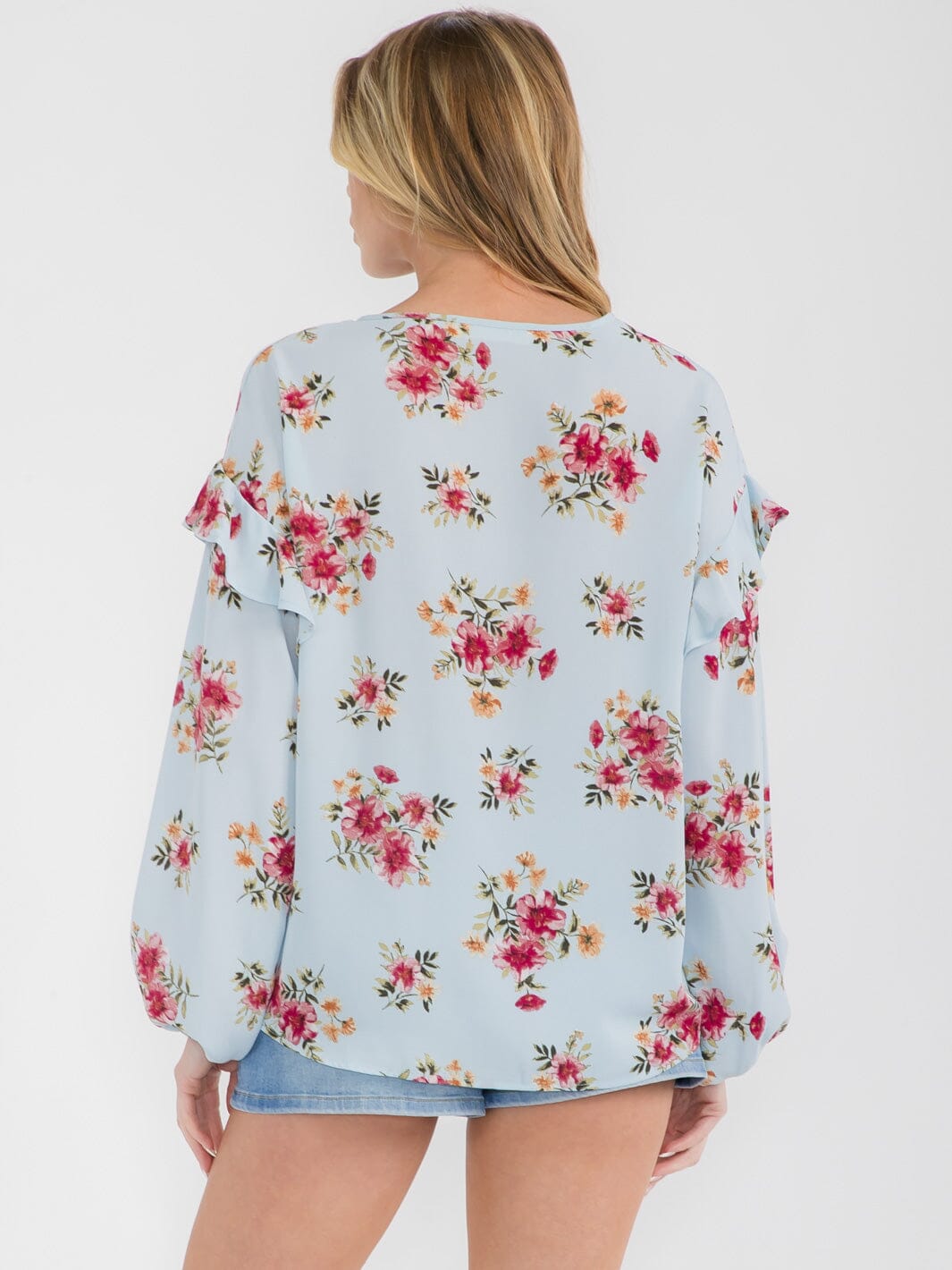 WOMEN'S LONG SLEEVE RUFFLE FLORAL TUNIC BLOUSE