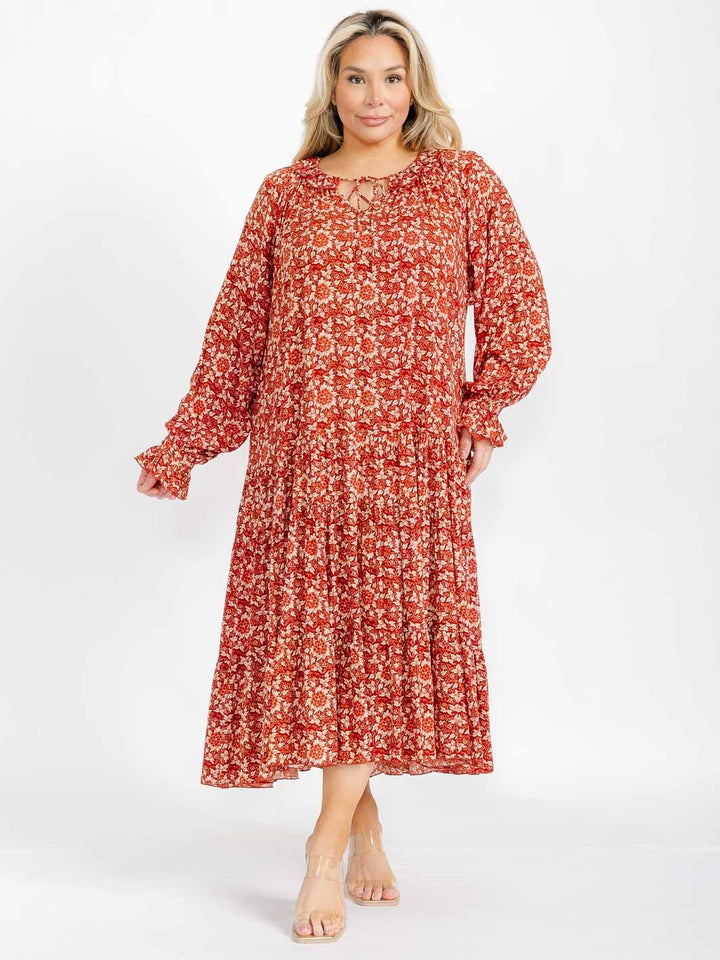 PLUS SIZE LONG SLEEVE V-NECK TIERED FLORAL MAXI DRESS