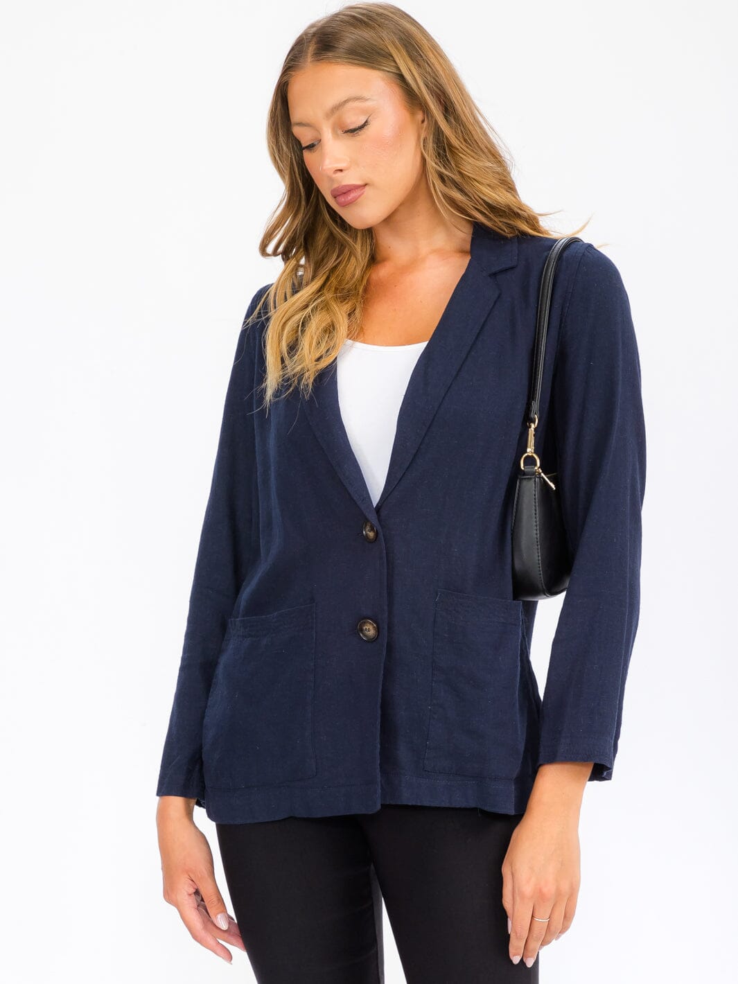 WOMEN'S LONG SLEEVE BUTTON CLOSURE POCKETS LINEN BLAZER