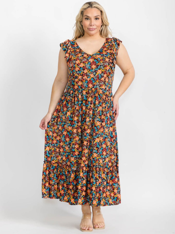 PLUS SIZE SLEEVELESS V-NECK RUFFLE FLORAL MAXI DRESS