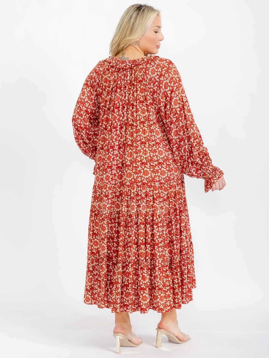 PLUS SIZE LONG SLEEVE V-NECK TIERED FLORAL MAXI DRESS