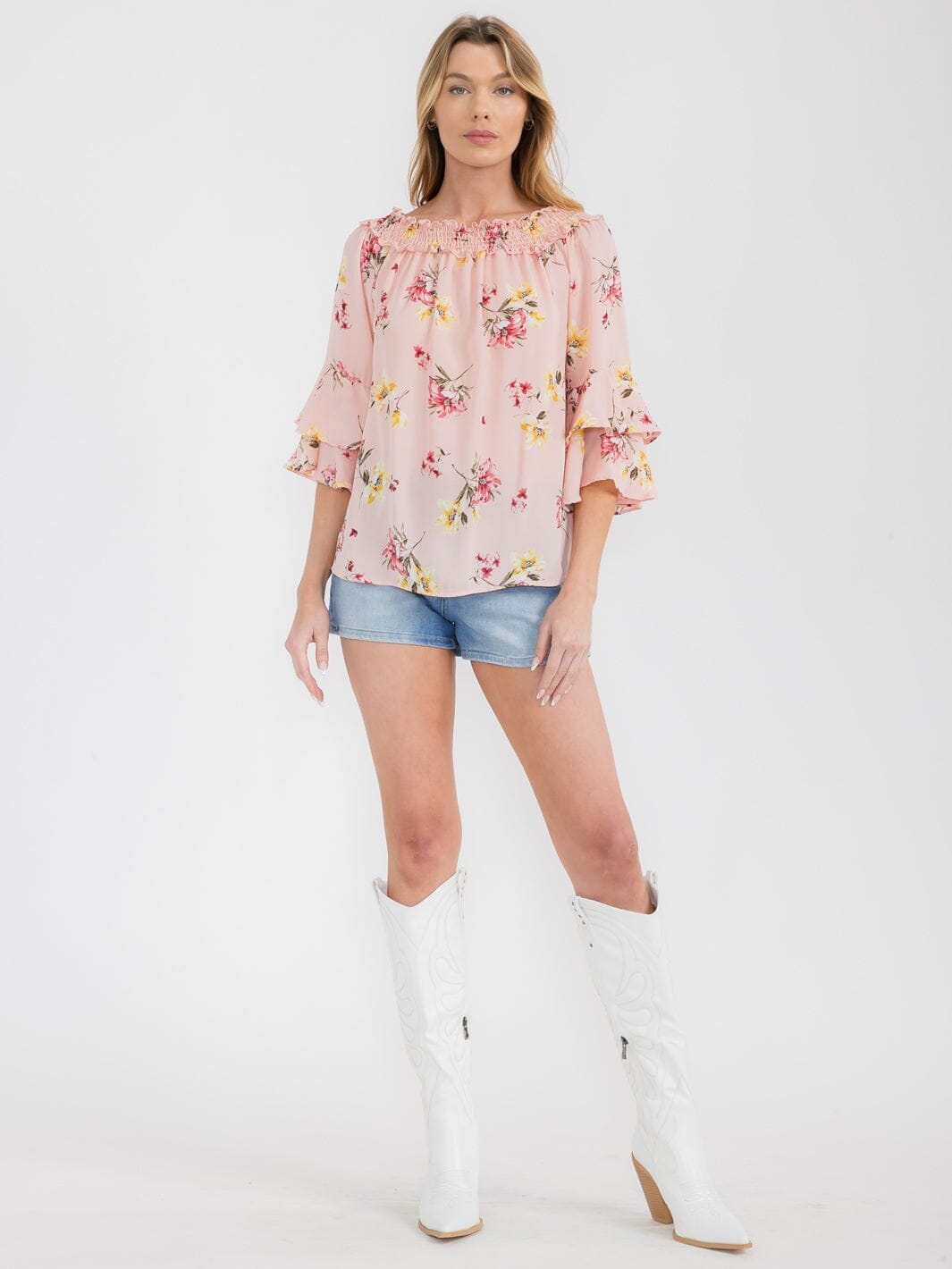 WOMEN'S 3/4 BELL SLEEVE TUNIC FLORAL BLOUSE