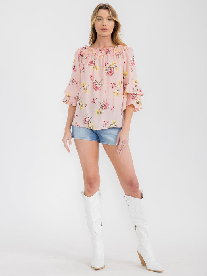 WOMEN'S 3/4 BELL SLEEVE TUNIC FLORAL BLOUSE