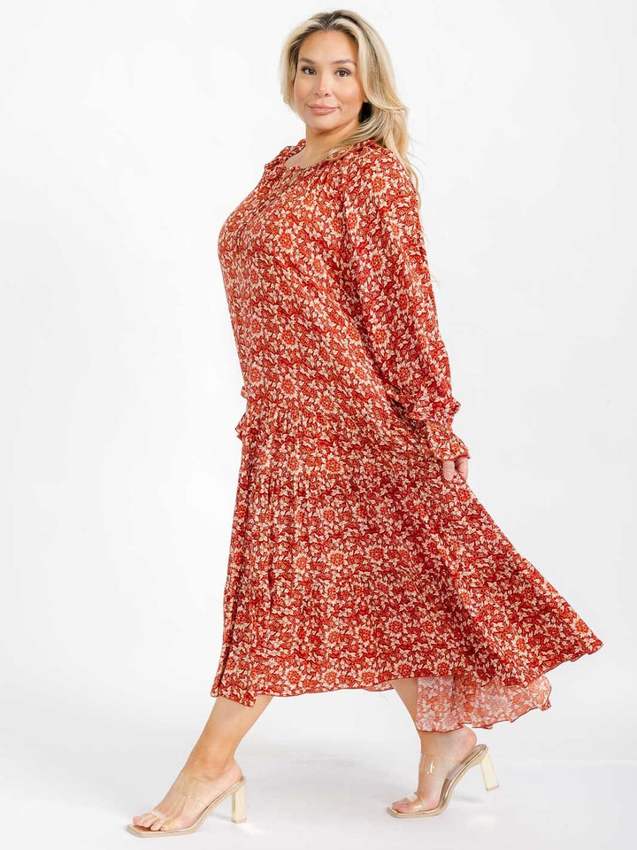 PLUS SIZE LONG SLEEVE V-NECK TIERED FLORAL MAXI DRESS