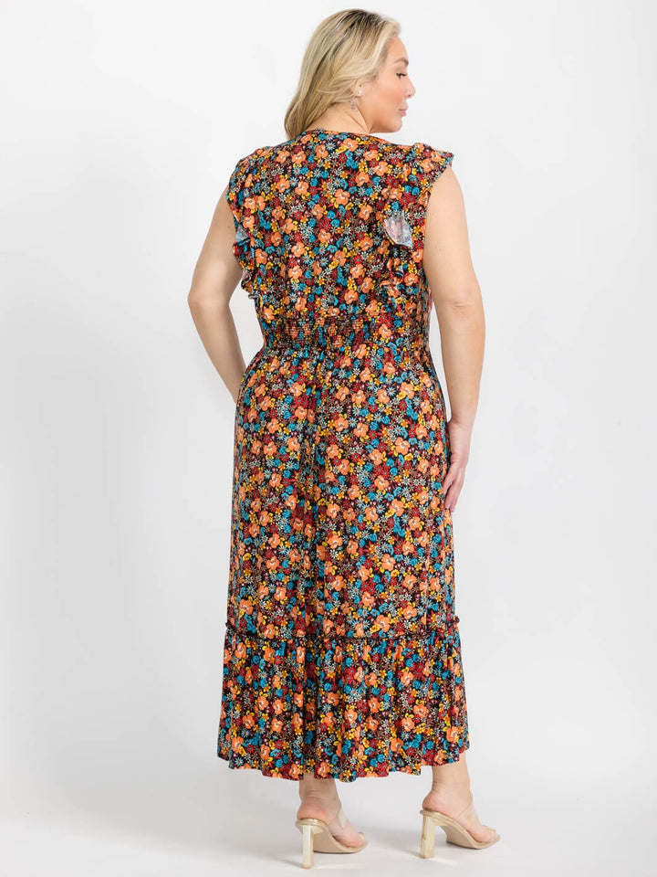 PLUS SIZE SLEEVELESS V-NECK RUFFLE FLORAL MAXI DRESS