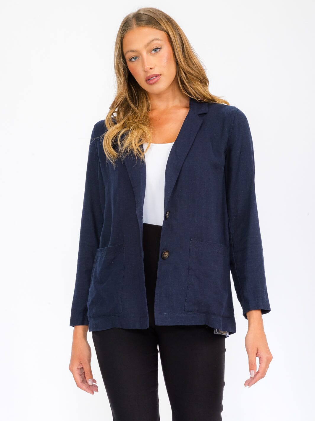 WOMEN'S LONG SLEEVE BUTTON CLOSURE POCKETS LINEN BLAZER