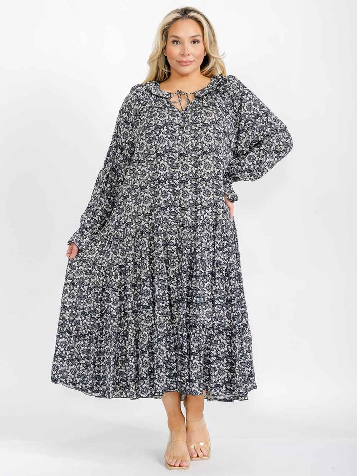 PLUS SIZE LONG SLEEVE V-NECK TIERED FLORAL MAXI DRESS
