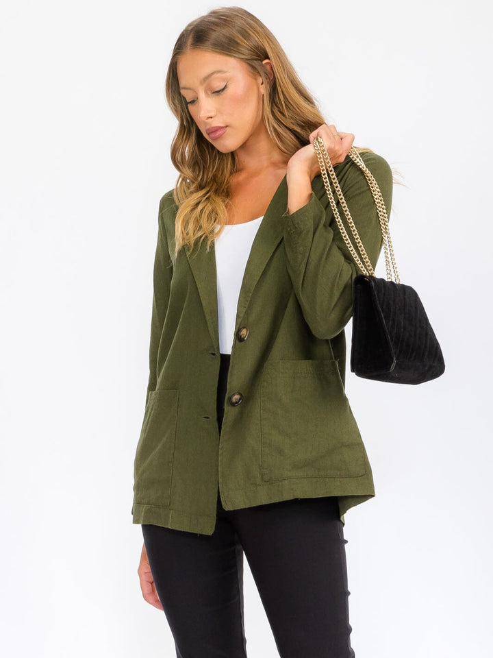 WOMEN'S LONG SLEEVE BUTTON CLOSURE POCKETS LINEN BLAZER