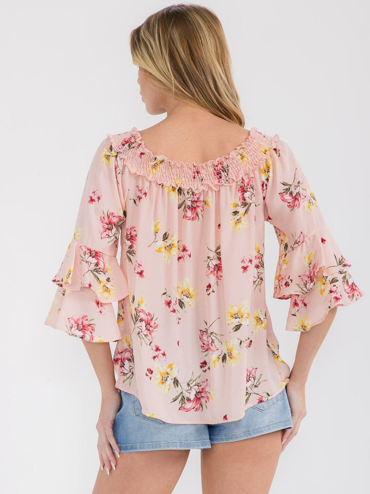 WOMEN'S 3/4 BELL SLEEVE TUNIC FLORAL BLOUSE