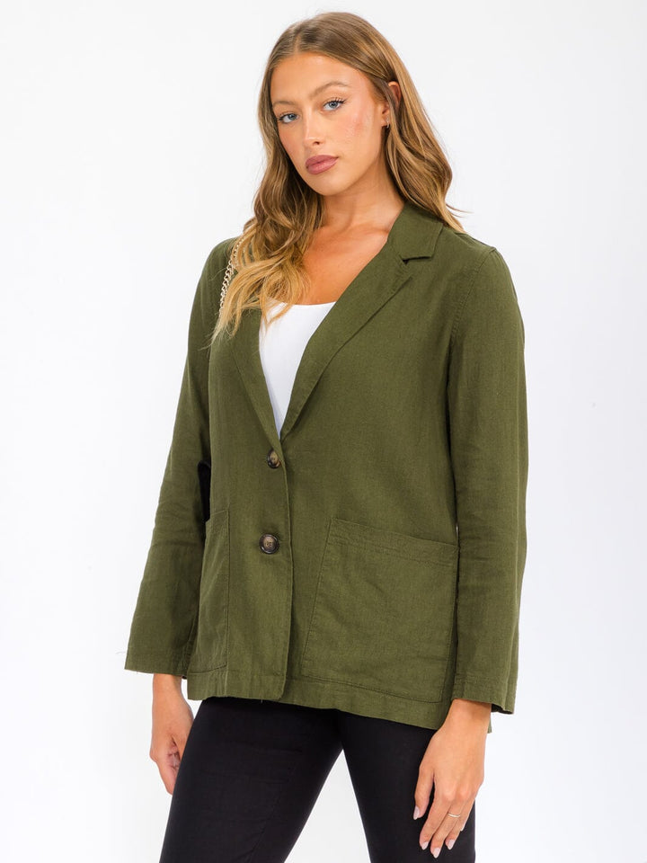 WOMEN'S LONG SLEEVE BUTTON CLOSURE POCKETS LINEN BLAZER