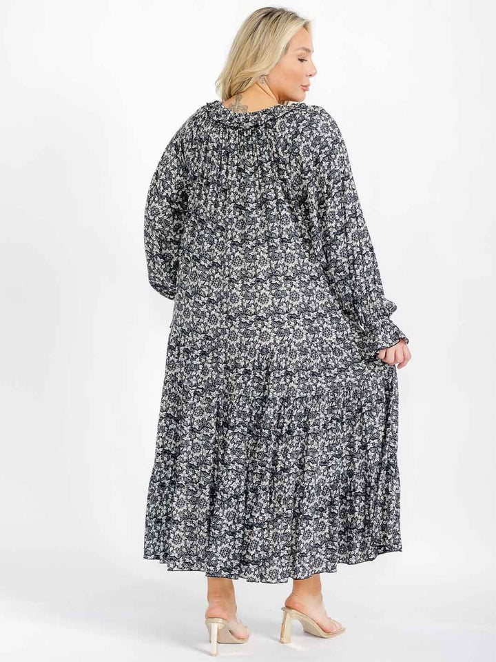 PLUS SIZE LONG SLEEVE V-NECK TIERED FLORAL MAXI DRESS