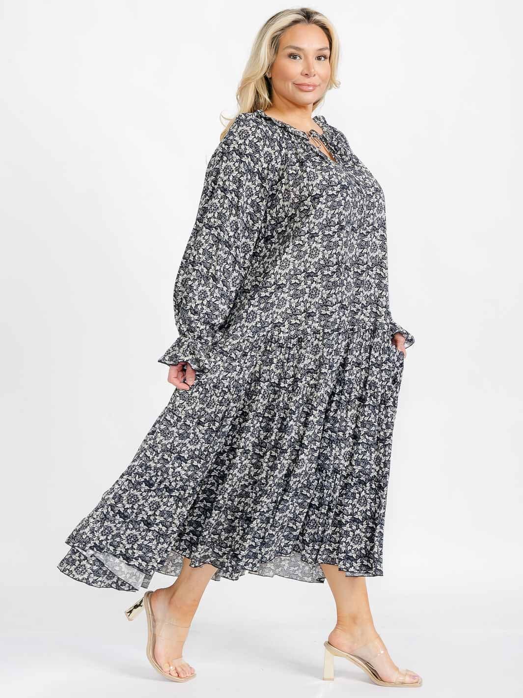 PLUS SIZE LONG SLEEVE V-NECK TIERED FLORAL MAXI DRESS