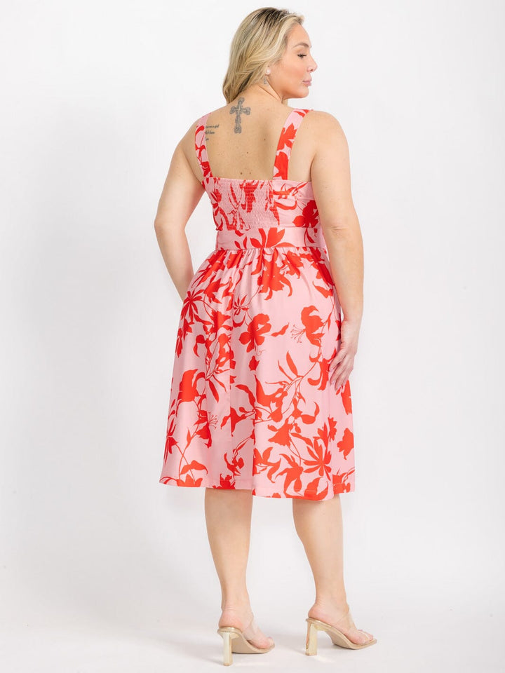 PLUS SIZE SLEEVELESS SMOCK FLORAL MIDI DRESS