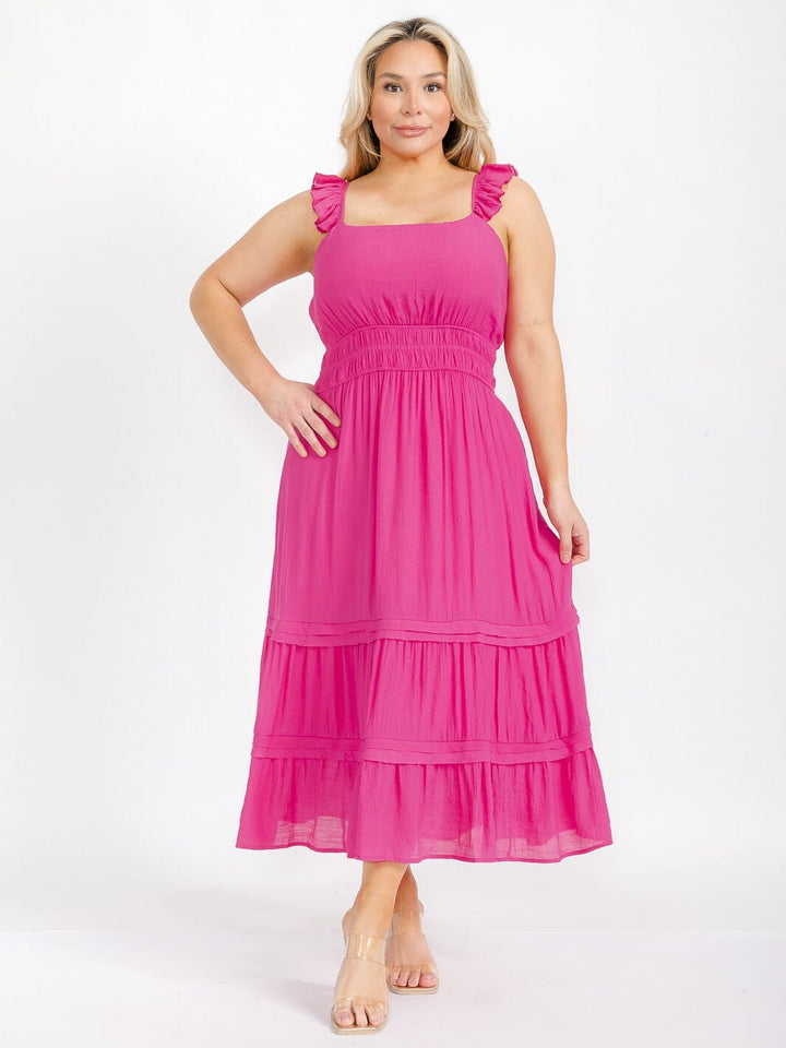 PLUS SIZE SLEEVELESS SQUARE NECK SMOCK TIERED MAXI DRESS