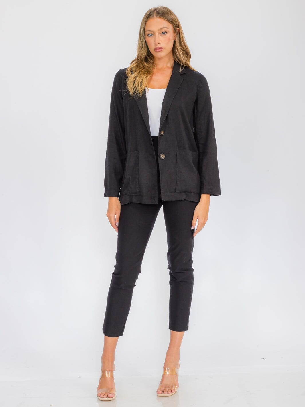 WOMEN'S LONG SLEEVE BUTTON CLOSURE POCKETS LINEN BLAZER