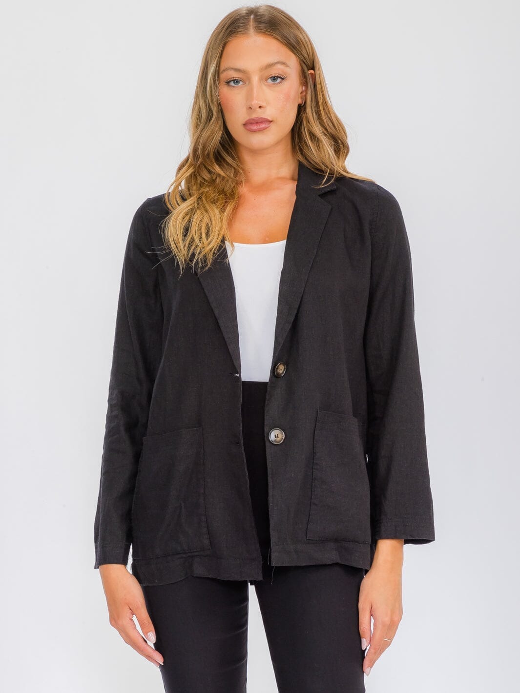 WOMEN'S LONG SLEEVE BUTTON CLOSURE POCKETS LINEN BLAZER