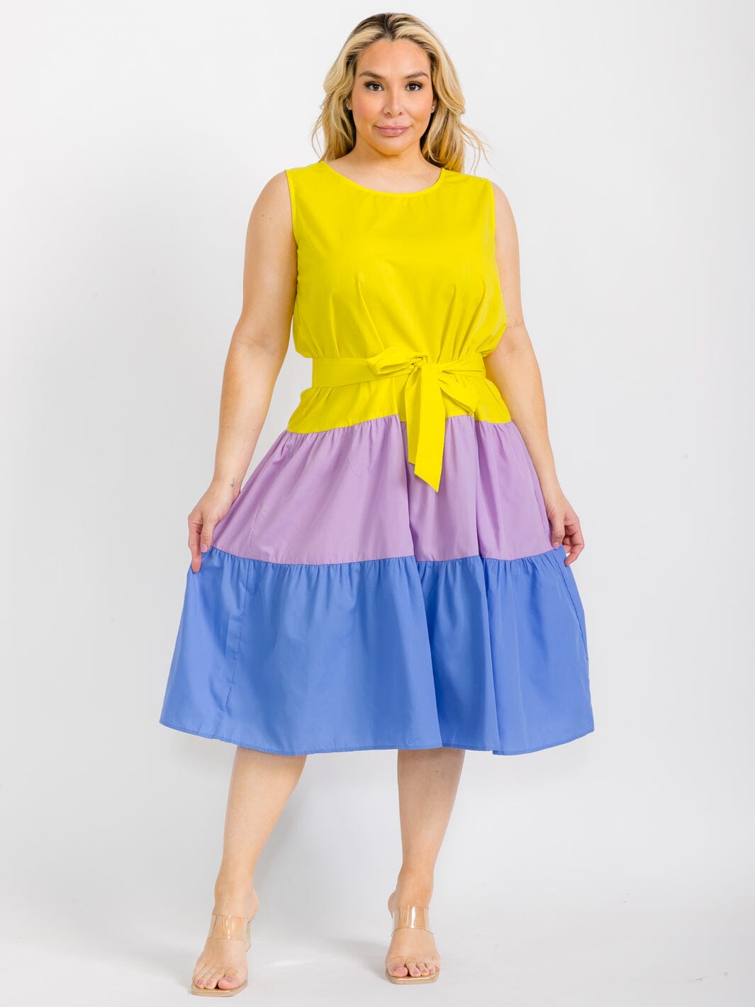 PLUS SIZE SLEEVELESS TIERED COLORBLOCK SELF TIE MIDI DRESS