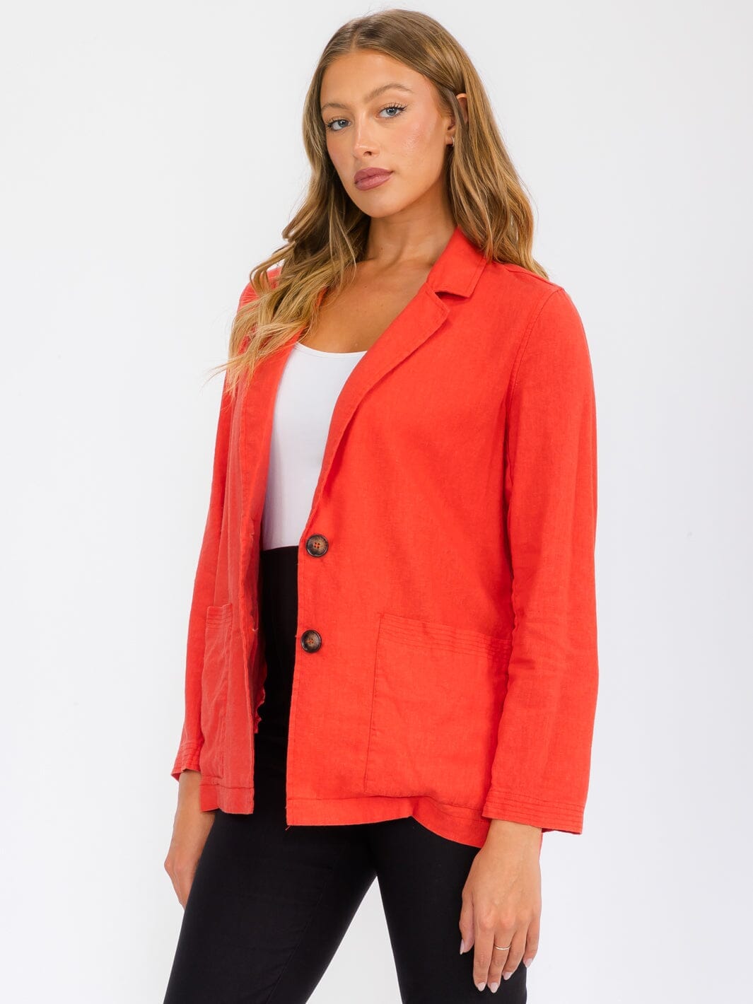 WOMEN'S LONG SLEEVE OPEN FRONT POCKETS LINEN BLAZER
