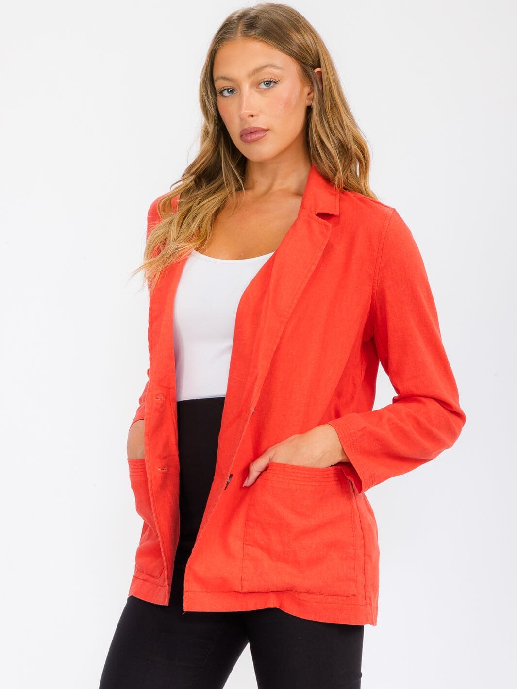 WOMEN'S LONG SLEEVE OPEN FRONT POCKETS LINEN BLAZER