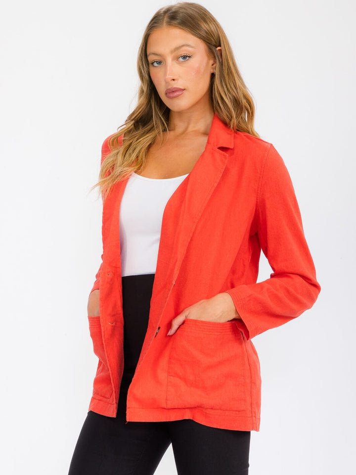 WOMEN'S LONG SLEEVE OPEN FRONT POCKETS LINEN BLAZER