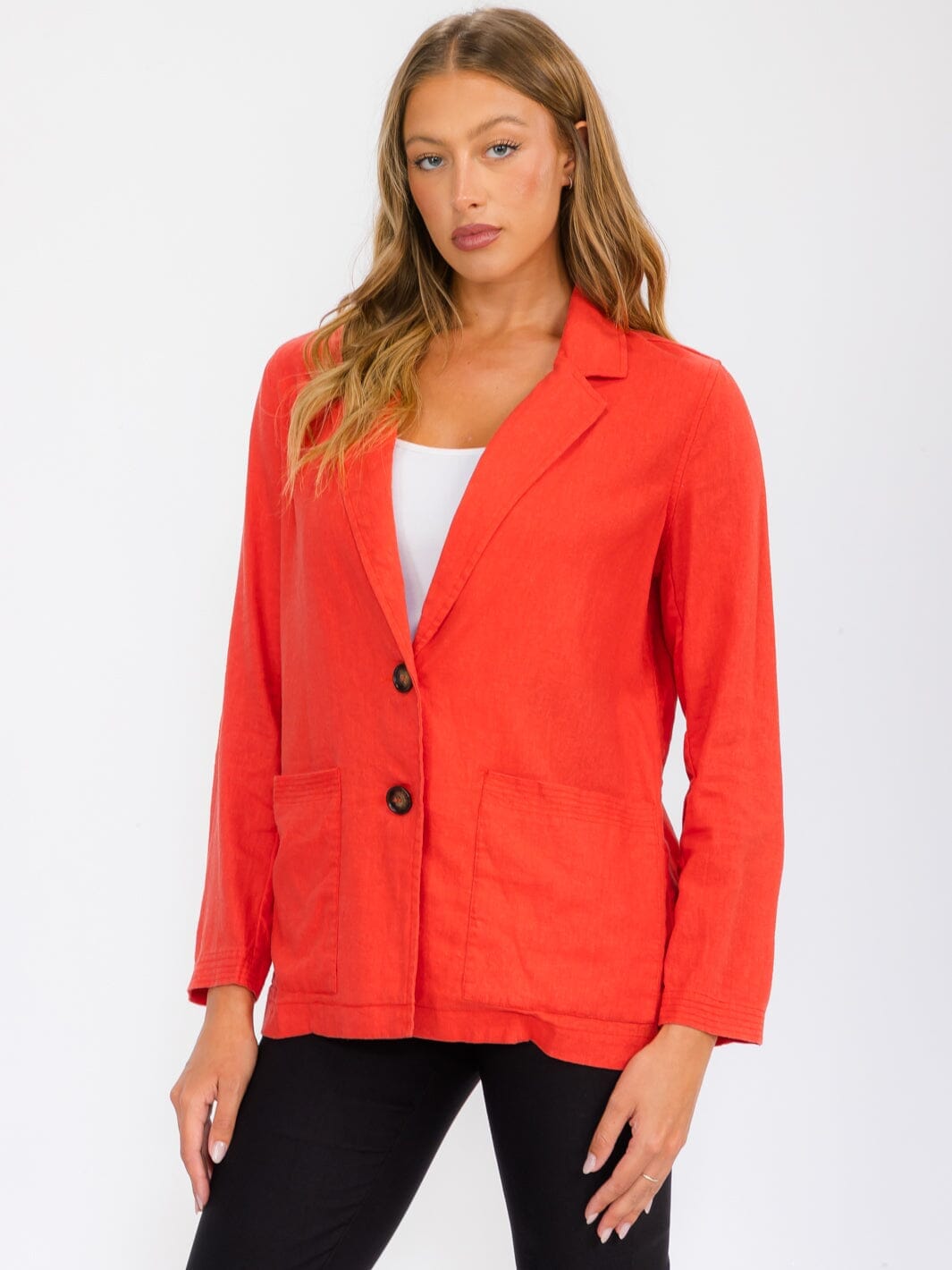 WOMEN'S LONG SLEEVE OPEN FRONT POCKETS LINEN BLAZER
