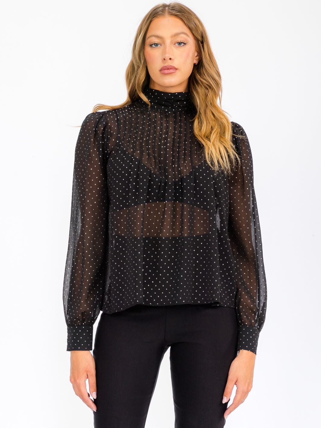 WOMEN'S LONG SLEEVE TURTLE NECK SHIMMER BLOUSE TOP