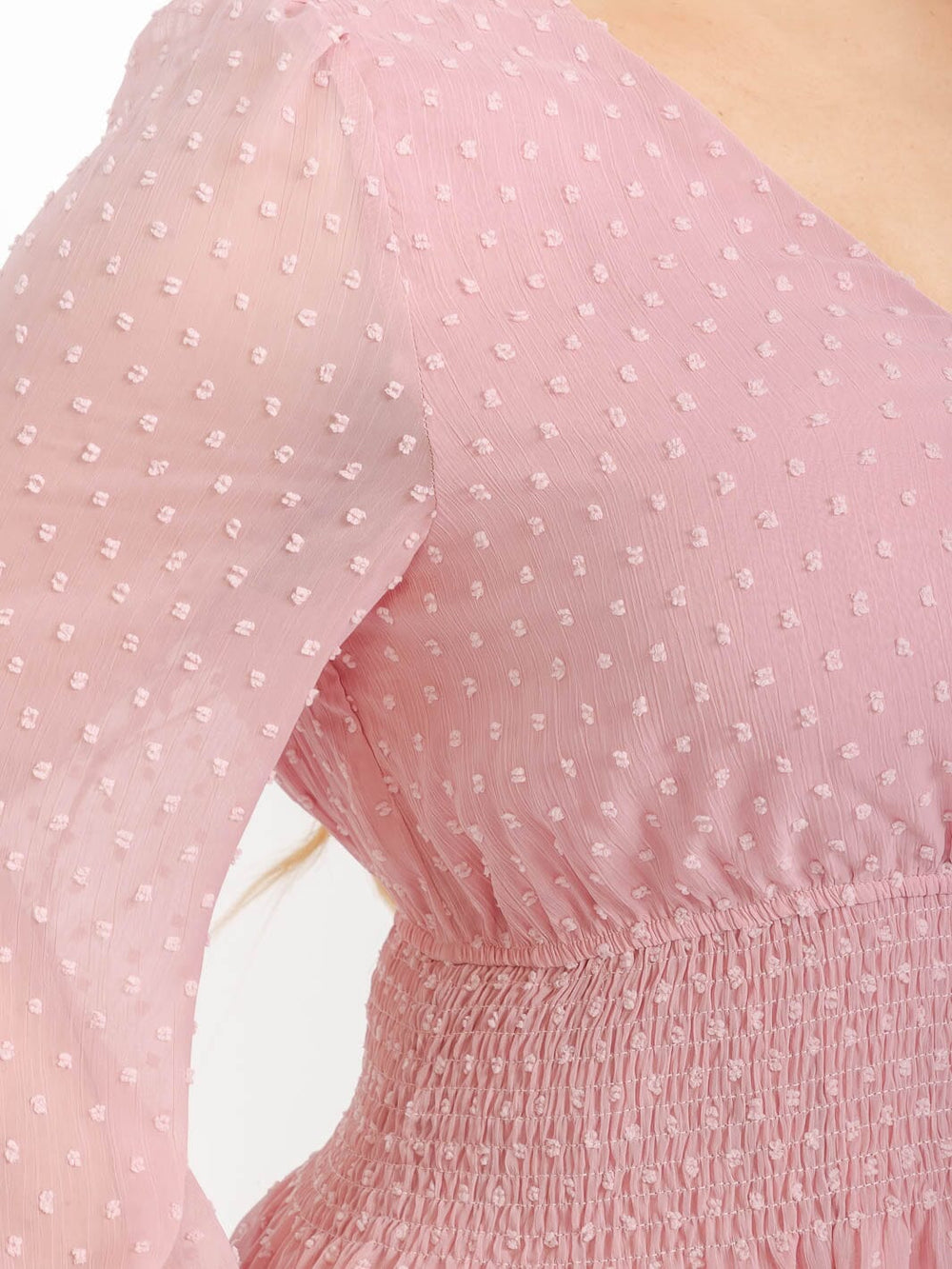 PLUS SIZE LONG SLEEVE SURPLICE SMOCK WAIST SWISS DOTS MINI DRESS