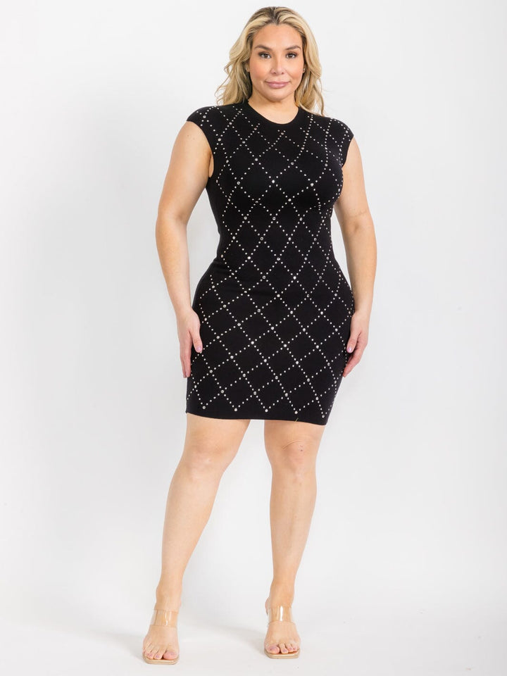 PLUS SIZE SLEEVELESS STUDS DETAILED BODYCON MINI DRESS