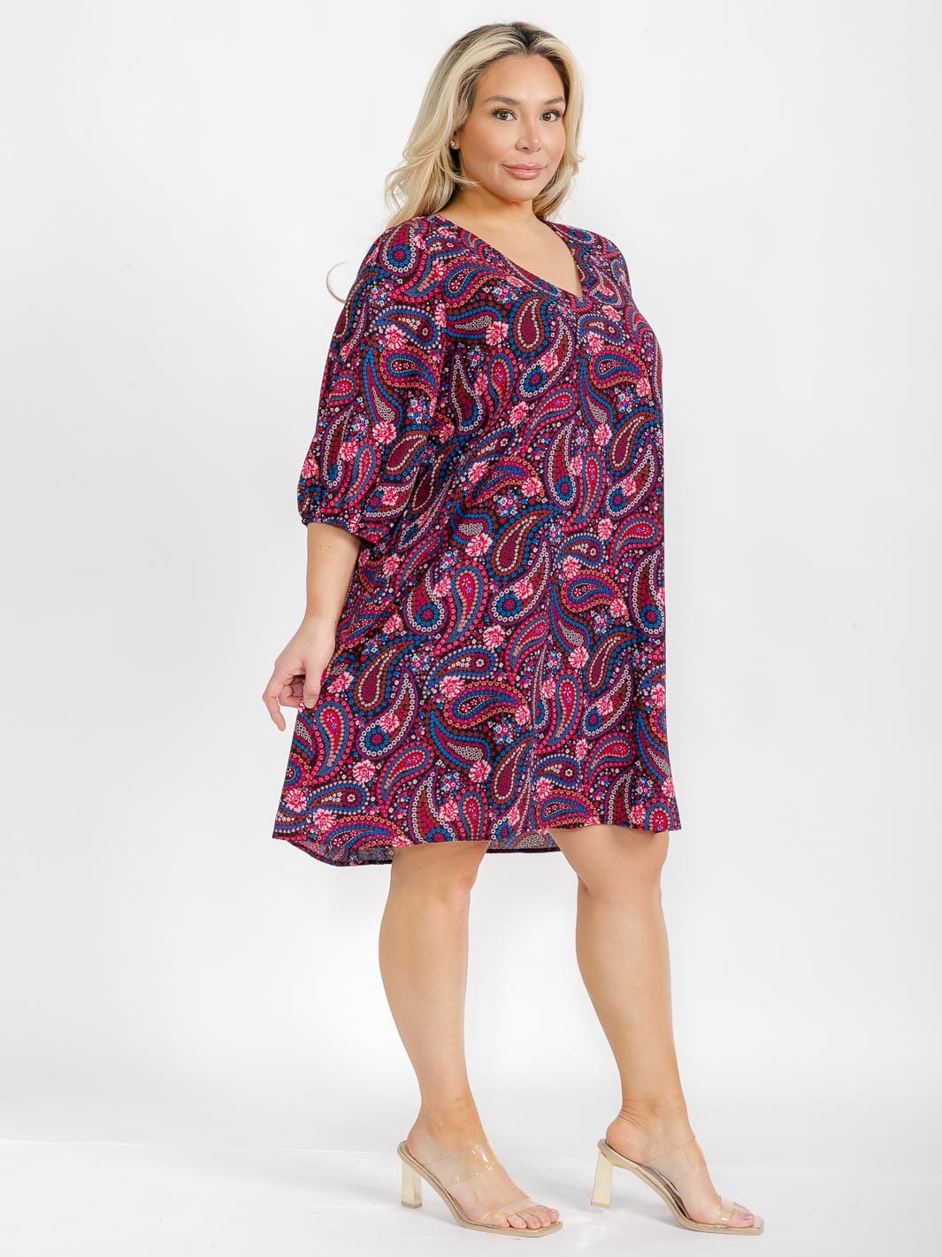 PLUS SIZE 3/4 SLEEVE V-NECK PAISLEY PRINT TUNIC MIDI DRESS