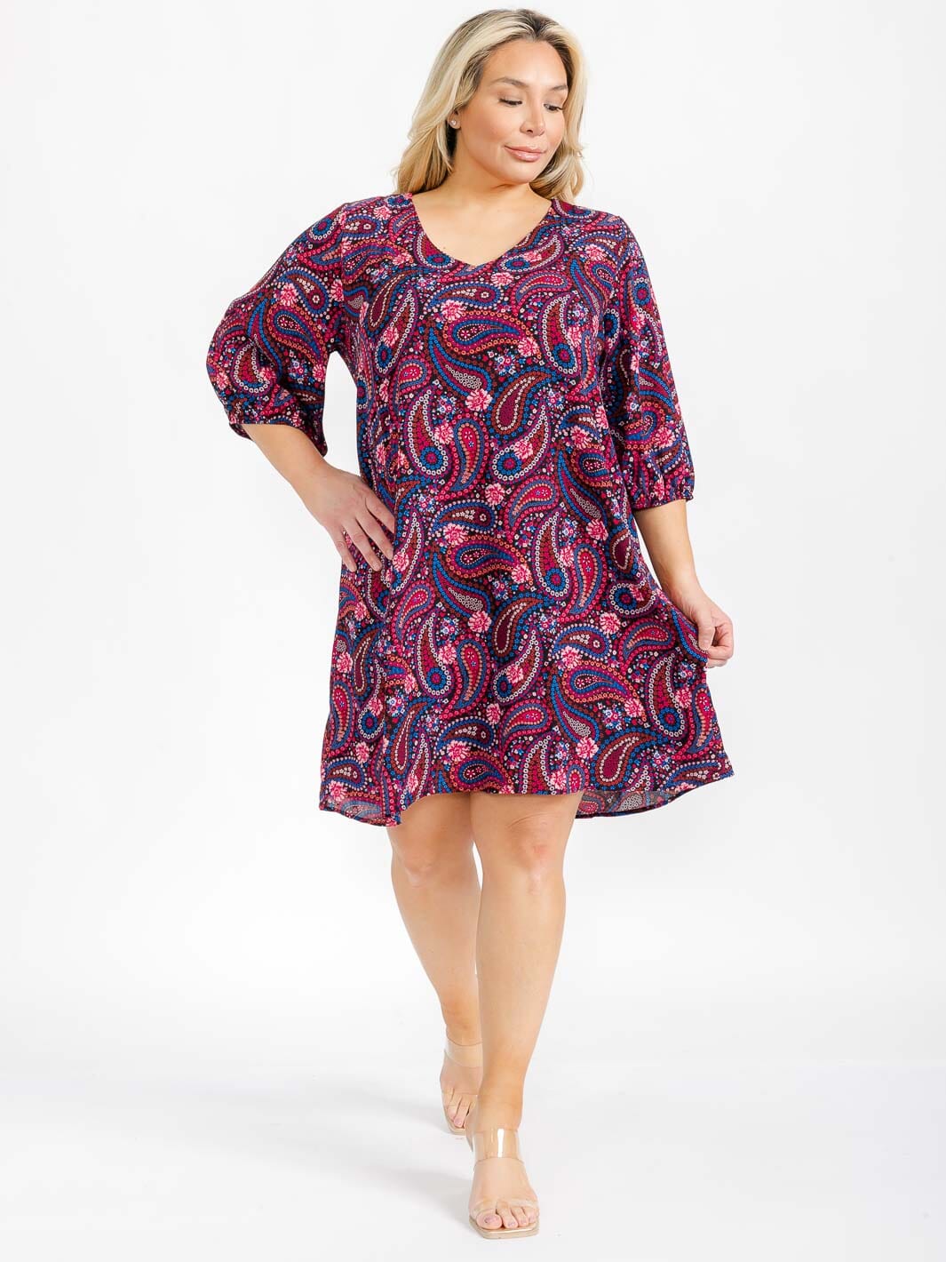 PLUS SIZE 3/4 SLEEVE V-NECK PAISLEY PRINT TUNIC MIDI DRESS